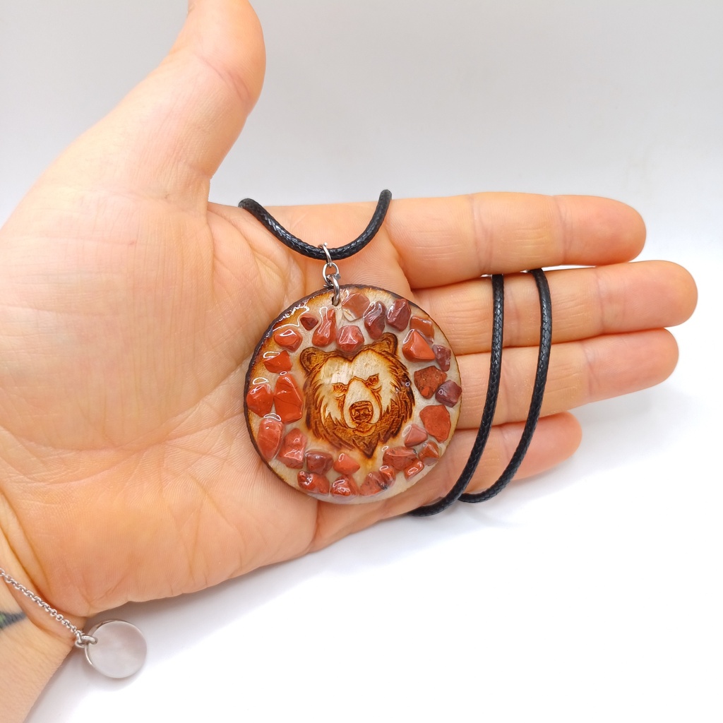 bears wooden engraved pendant with natural stones and cord