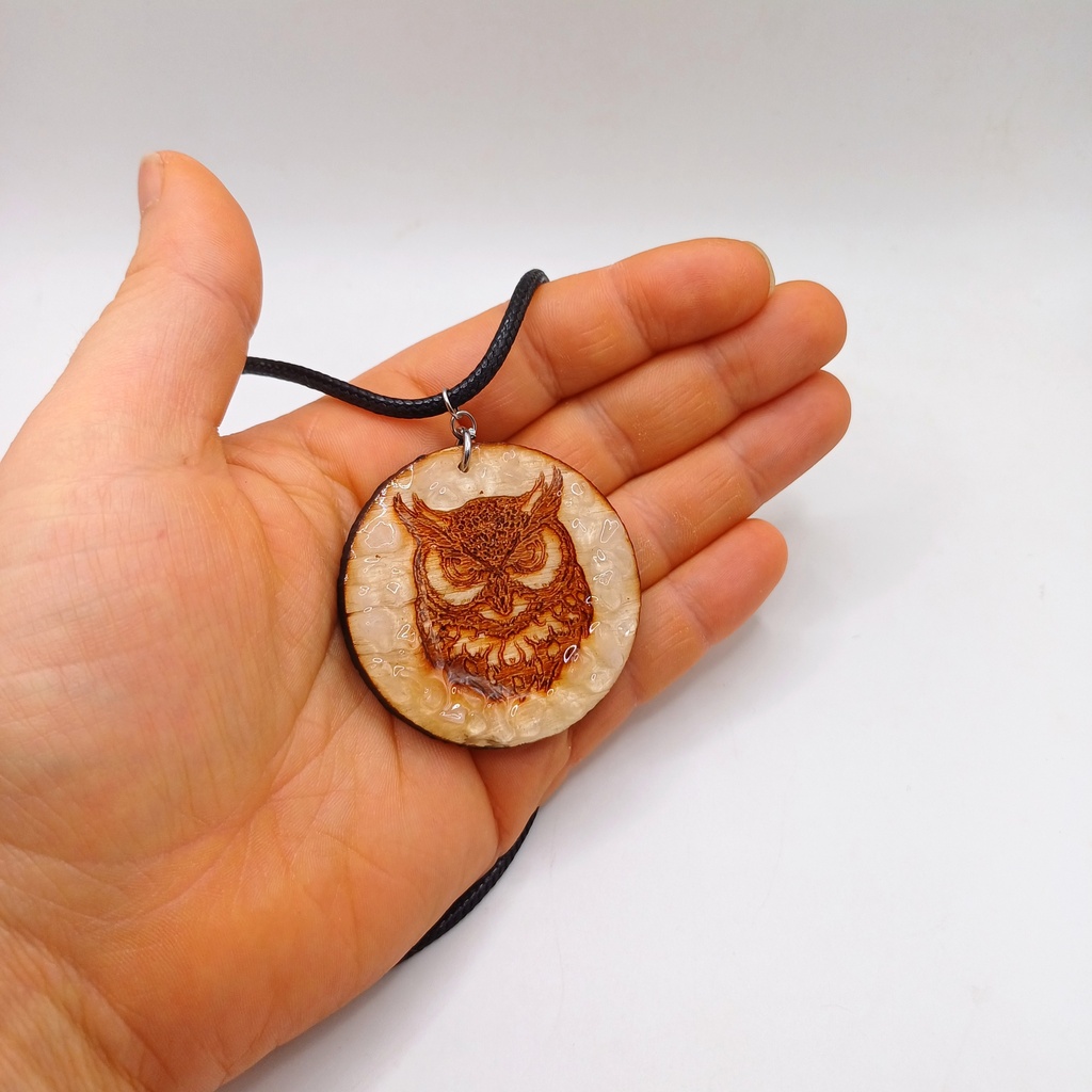 Engraved wooden owl pendant with natural stones and cord