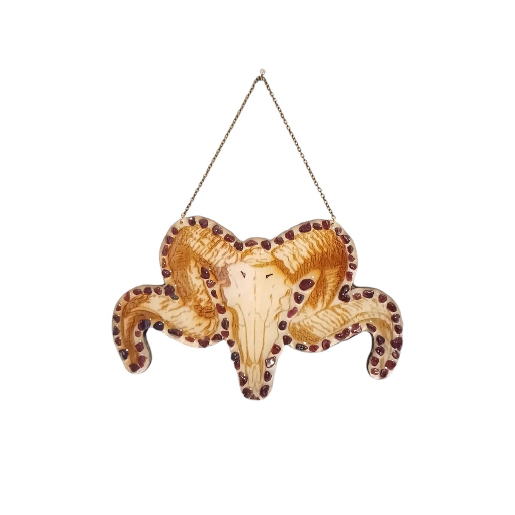 Décoration en bois crâne de bélier avec pierres naturelles 