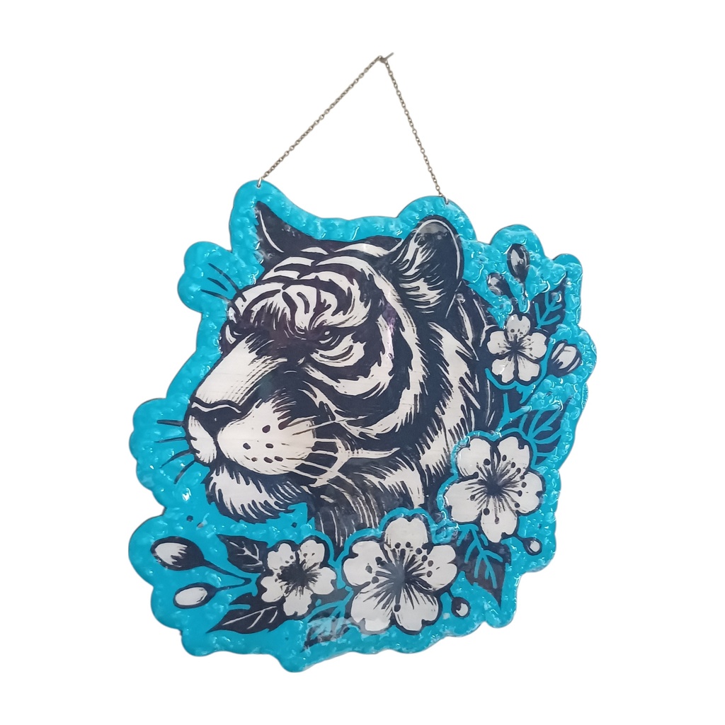 Décoration tigre et fleurs de Sakura en bois avec pierres naturelles