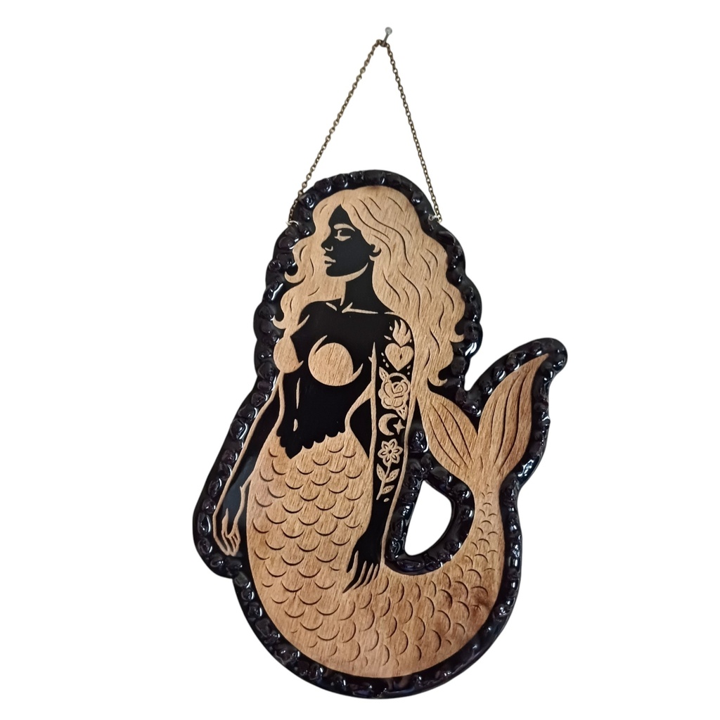 Mermaid wooden decoration with natural stones