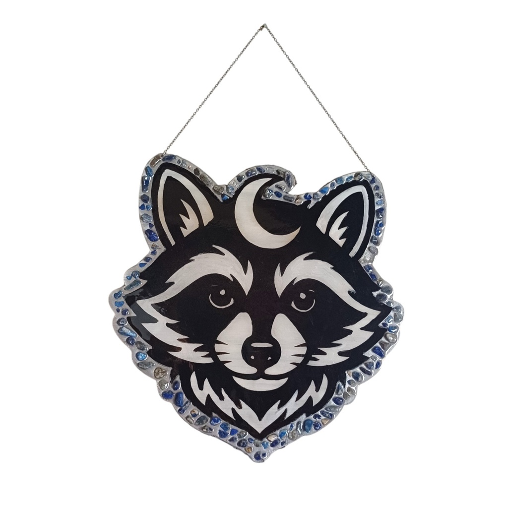 Raccoon wooden decoration with natural stones