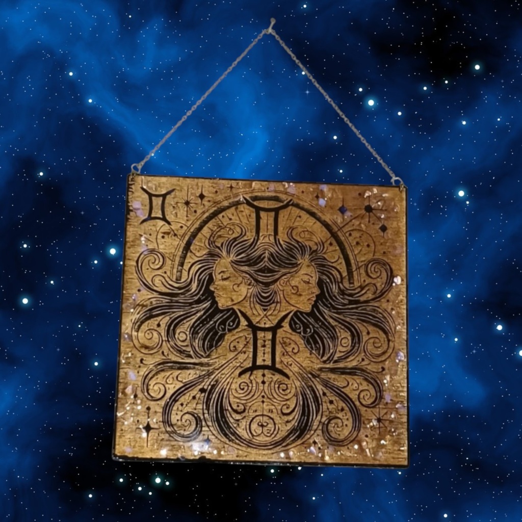 Décoration signe astrologique en bois Gémeaux avec pierres naturelles 