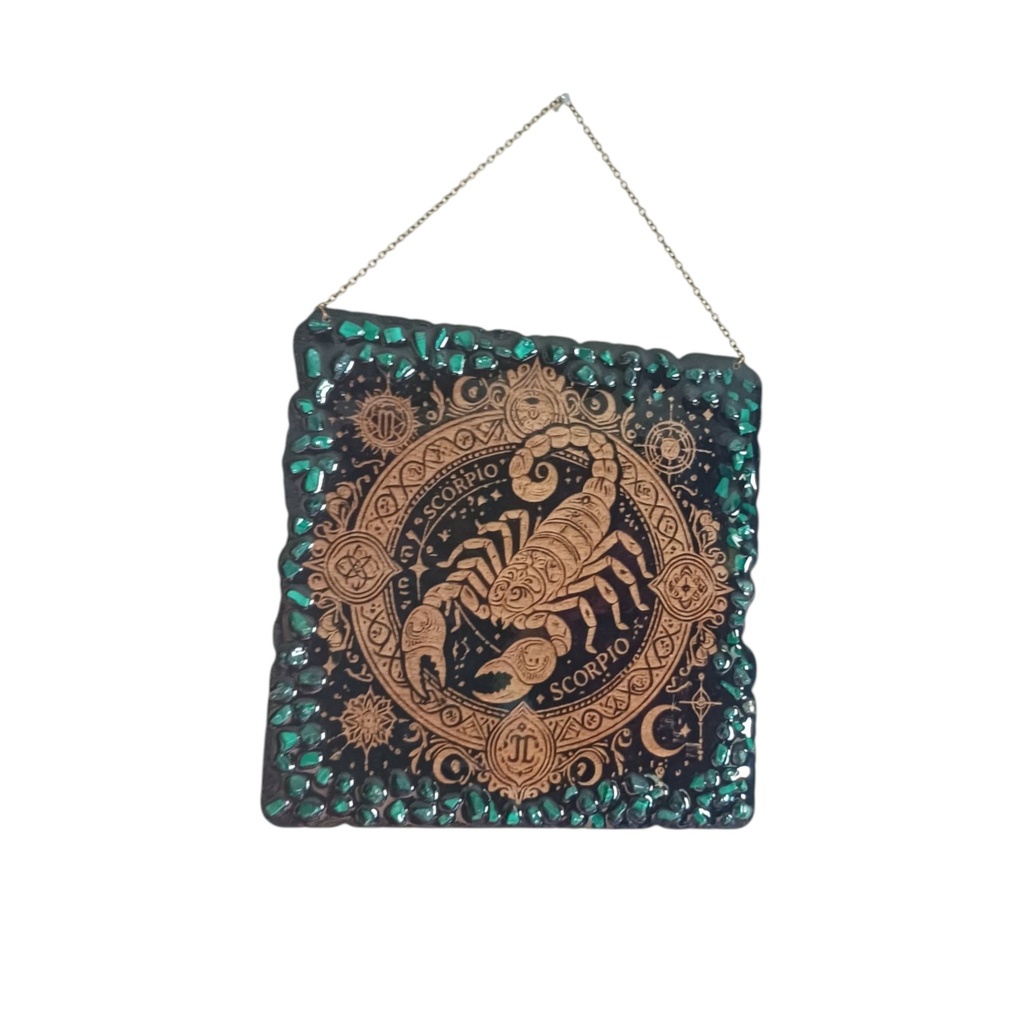Wooden astrological sign decoration Scorpio and natural stones