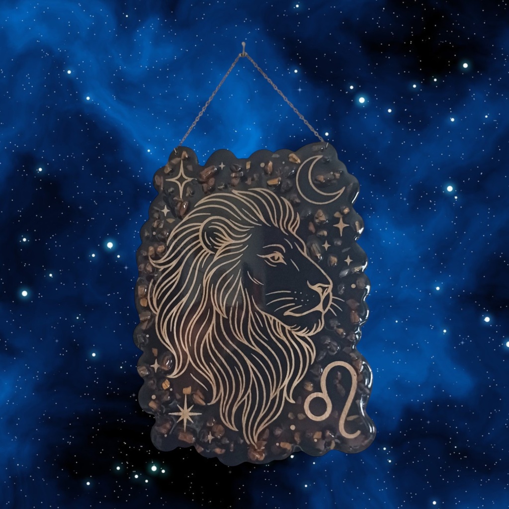 Wooden Leo astrological sign decoration with natural stones