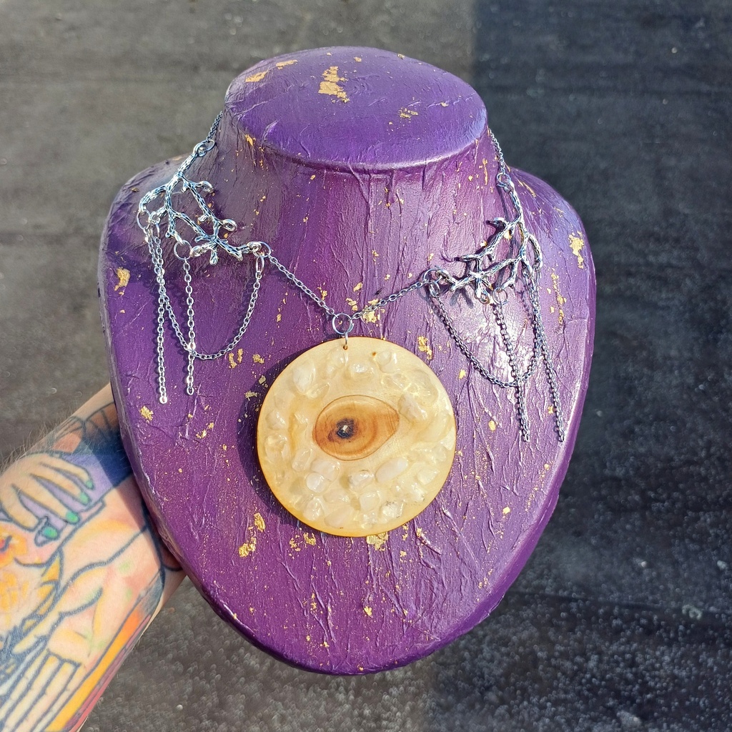 wooden eye pendant and natural clear quartz stones