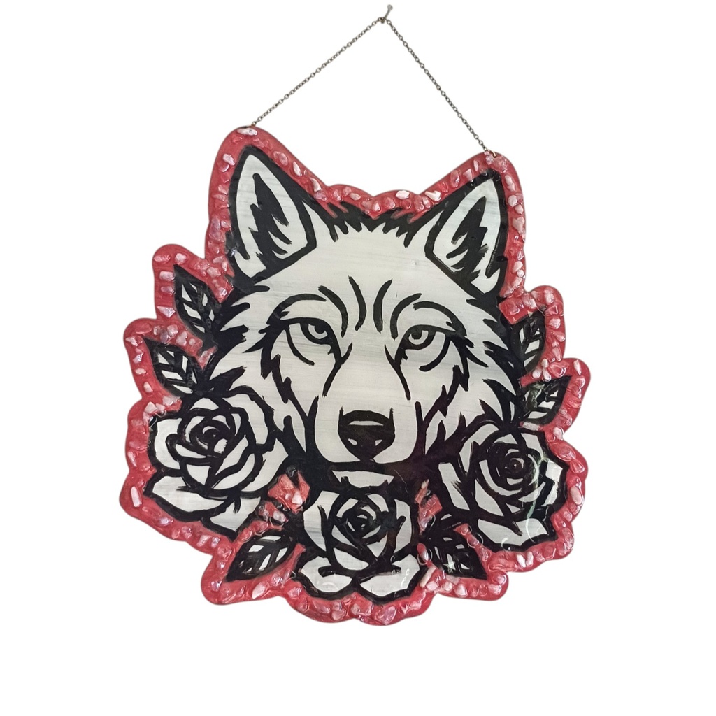 Décoration tête de loup et roses en bois avec pierres naturelles 