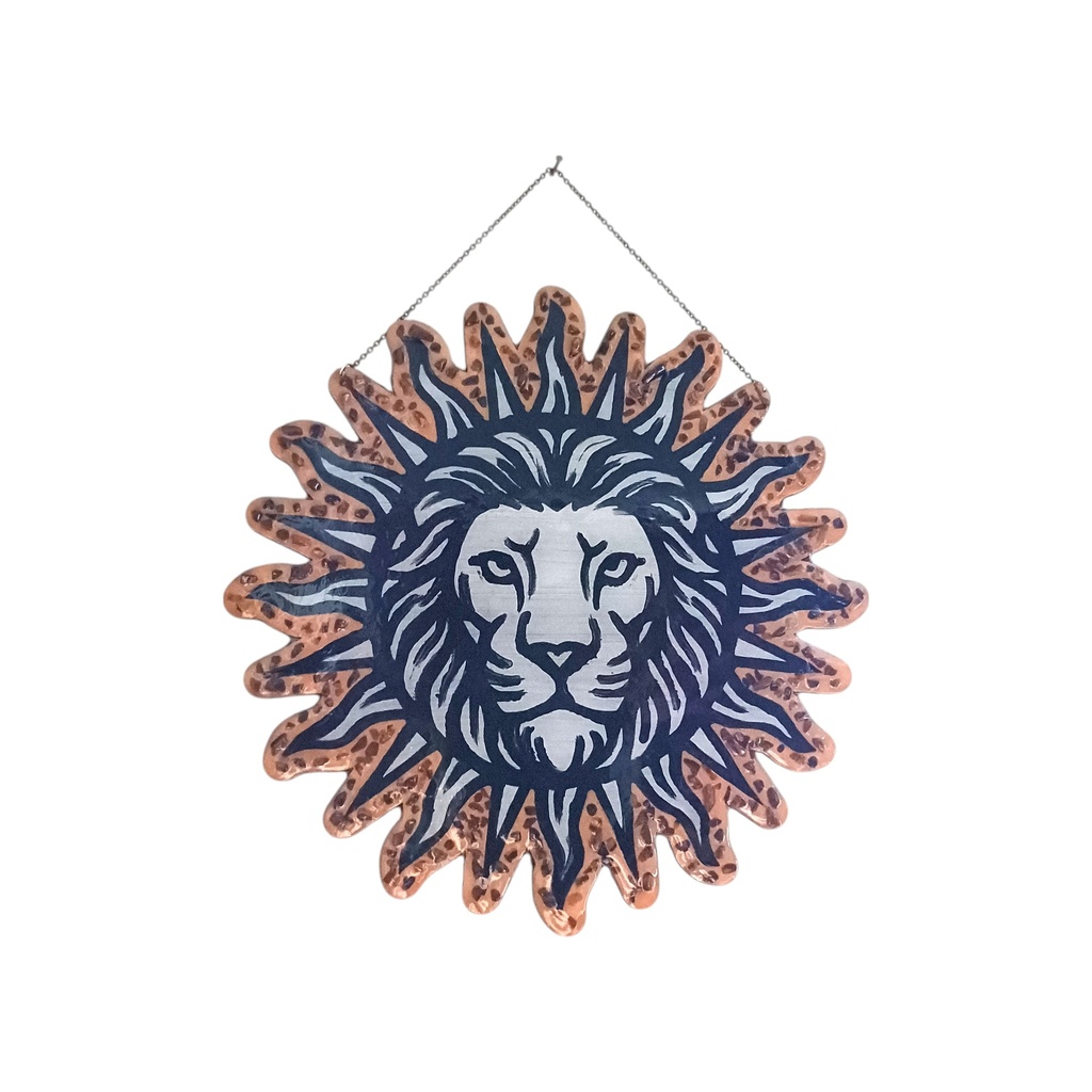Décoration tête de lion soleil en bois et pierres naturelles 