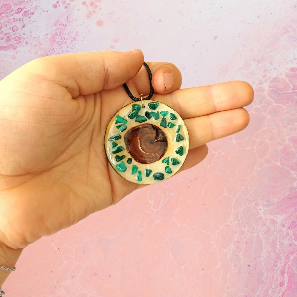 Wooden eye talisman and natural Malachite stones