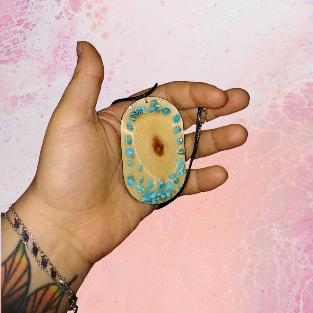 Wooden eye and natural turquoise stones talisman