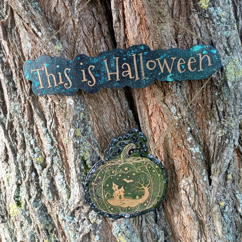 Halloween pumpkin wooden decoration with natural stones