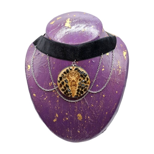 Raven Skull wooden engraved pendant and natural stones