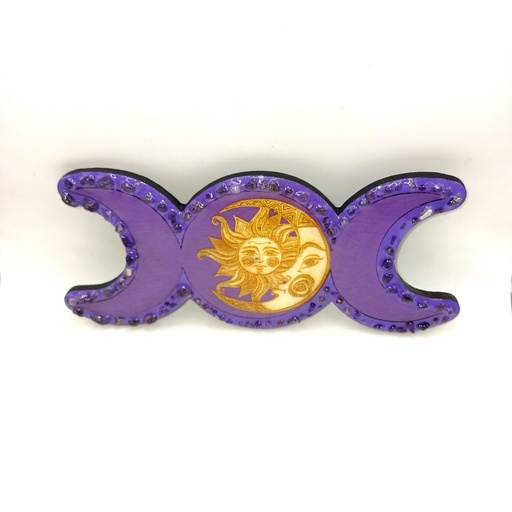 Porte encens en bois triple lune avec pierres naturelles 