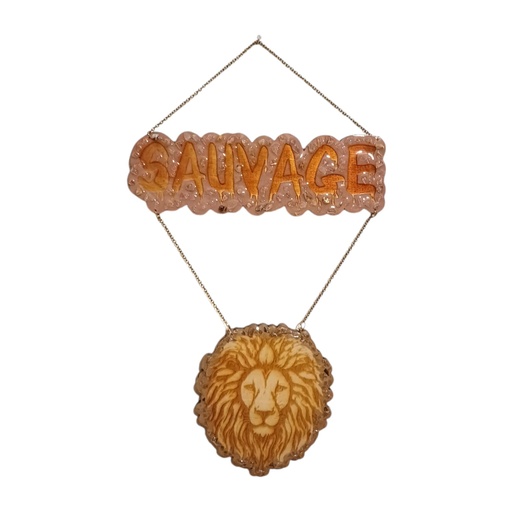 Décoration en bois lion avec pierres naturelles 