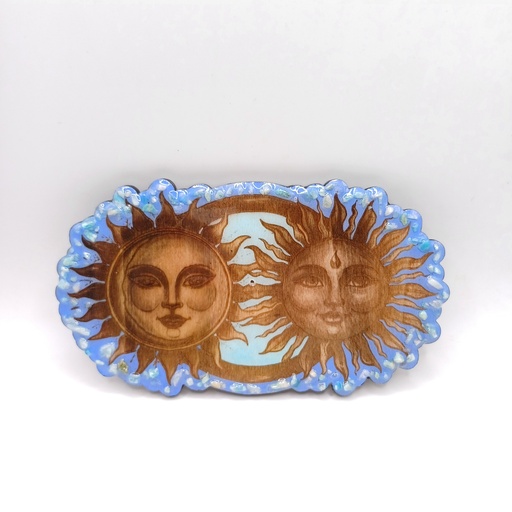 Porte-encens en bois soleil et lune avec pierres naturelles 
