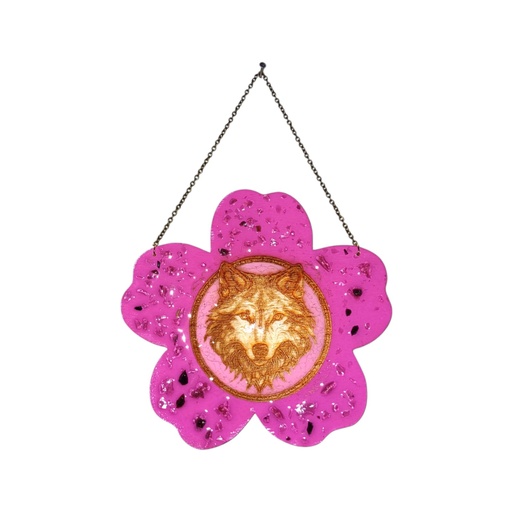 Wooden decoration Sakura flower and wolf with natural stones