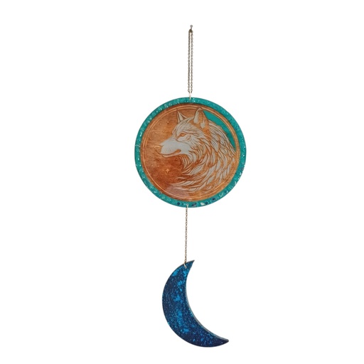 Décoration loup et lune en bois et pierres naturelles