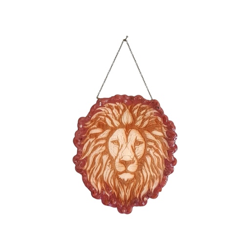 Décoration tête de lion en bois et pierres naturelles 