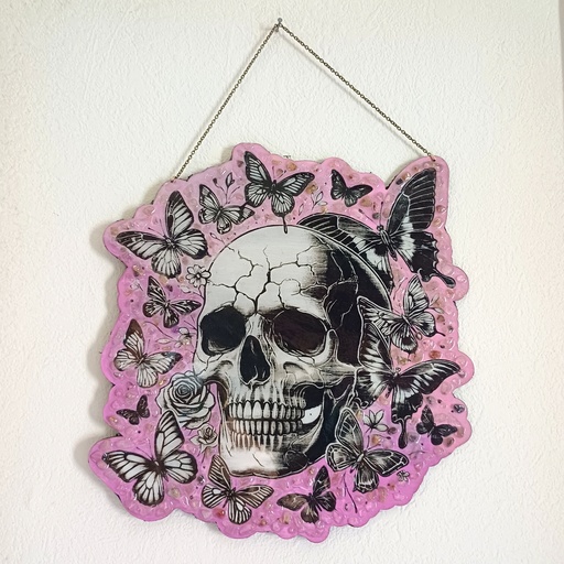 Skull and butterfly wooden decoration with natural stones