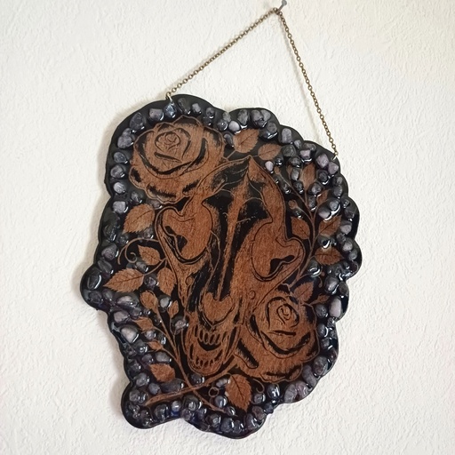 Wolf skull wooden decoration with natural stones 