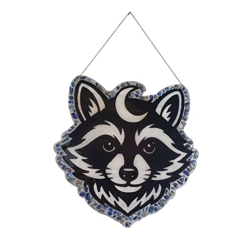 Raccoon wooden decoration with natural stones