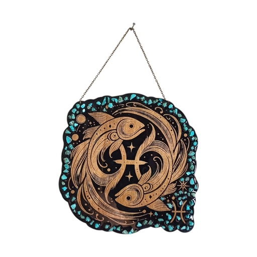 Décoration signe astrologique en bois Poisson avec pierres naturelles 