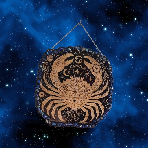 Décoration signe astrologique en bois Cancer avec pierres naturelles 