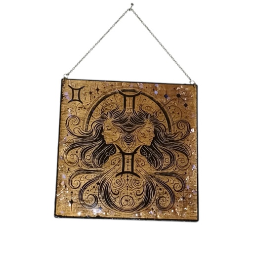 Décoration signe astrologique en bois Gémeaux avec pierres naturelles 