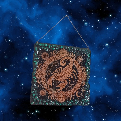 Wooden astrological sign decoration Scorpio and natural stones