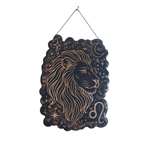 Décoration signe astrologique en bois Lion et pierres naturelles