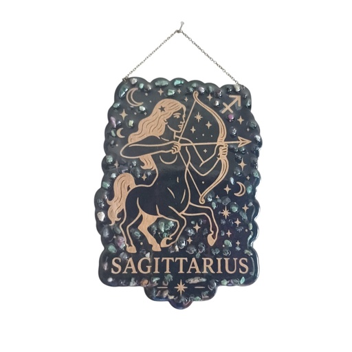 Décoration signe astrologique en bois Sagittaire et pierres naturelles