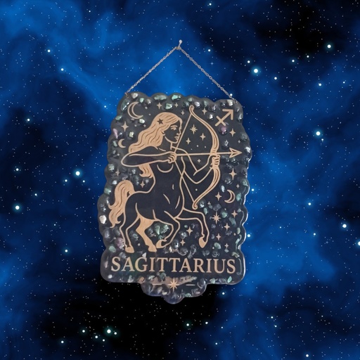 Wooden astrological sign decoration Sagittarius and natural stones