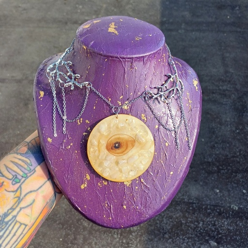 wooden eye pendant and natural clear quartz stones