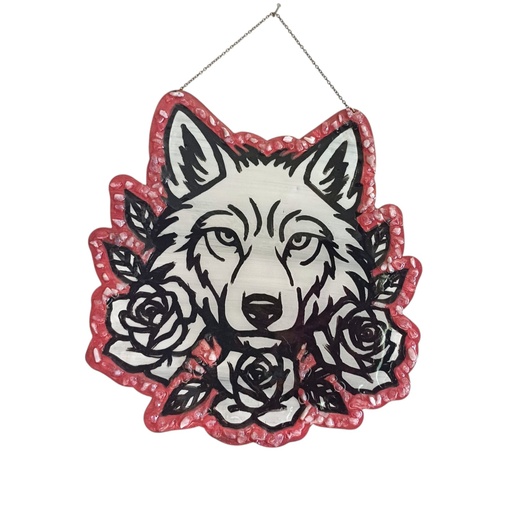 Wolf head and roses wooden decoration with natural stones