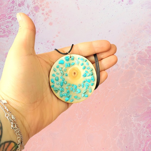 Wooden eye and natural turquoise stones talisman